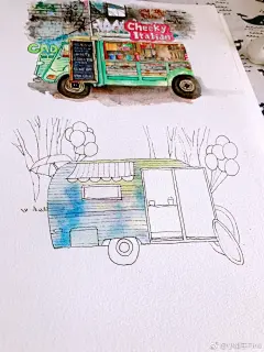 #手绘插画教程# 小餐车 （投稿：@小嫩手Tina） ​​​​