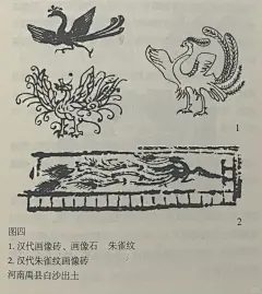 战国秦汉时期纹样-动物纹样：朱雀纹凤鸟纹
朱雀纹
朱雀，亦称凤鸟，大多头有长冠，尾有三歧、四歧或多歧长毛,形似孔雀演化。河南禹县白沙出土的画像砖朱雀纹，形象酷似孔雀。在湖北江陵发现战国彩绘石磬，都以凤鸟为饰，用红、黄、蓝、绿四色绘成，有的饰以金线。《吕氏春秋·古乐篇》在谈古代音律的发明时说:“听凤凰之鸣，以别十二律。”可见古时磬、鼓等乐器，以凤鸟为装饰，具有一定含意。