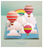 立体折纸剪纸热气球书本三维场景创意海报__PSD分层：
