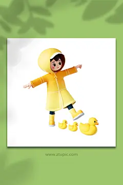 立体穿雨衣的可爱女孩和小鸭子-众图网
