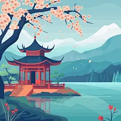 中国风中式建筑湖景亭子国潮风景插画矢量图设计素材