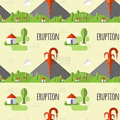 矢量无缝模式火山喷发。烟雾和熔岩从火山口，村庄和树在脚下。用于明信片，网站，海报，壁纸，包装纸