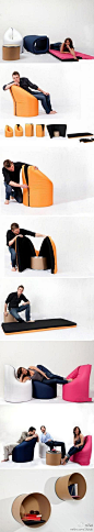 【创意多功能家具】PAQ Chair 也是一个适合小户型家庭的创意多功能沙发，可以转换为一个单人床（垫）和一个小茶几。