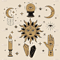 天空魔法金色插图的图标和符号的太阳，月亮，水晶，邪恶的眼睛，女巫的手。