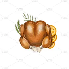 节日菜肴的主题，烤火鸡，用水彩画的风格。孤立在白色背景上。从上面的观点