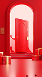 A red door with golden gifts and boxes is behind it, in the style of postmodern surrealism, interior scenes, ambient occlusion, light red, light-filled scenes, modernist inspiration, smooth surface