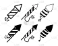 烟火火箭图标集。新年符号系列包含轮廓、形状和轮廓设计。矢量插图孤立在白色背景。