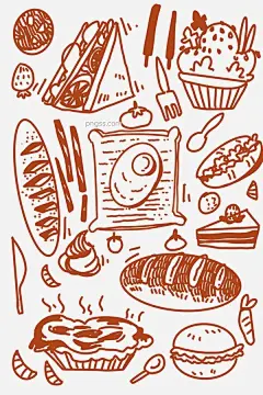 手绘食物印花底纹背景图片大小3543x5315px 图片尺寸2.86 MB 来自PNG搜索网 pngss.com 免费免扣png素材下载！背景#壁纸#草莓蛋糕#叉子#蛋糕#刀叉#底纹#法棍#红色系#鸡蛋#煎蛋#可爱#美食#