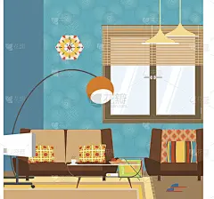 矢量客厅内设沙发，桌子，窗户和电视