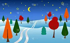 平面风格的冬季森林景观，夜空中闪烁的星星卡空白的冬季卡通背景