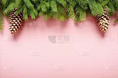 平铺设计的圣诞贺卡的冷杉树枝和球果在粉红色的背景。空间的文本