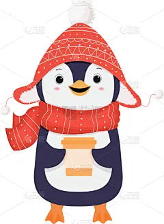 可爱的,红色,围巾,企鹅,帽子,杯,野生动物,动物,鸟类,问候