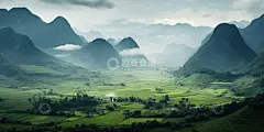 翠绿群峰与梯田山谷AI插画摄影照片高清图高清模板免费下载-趣麦麦图