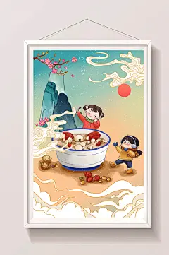 手绘中国节日节气腊八插画海报