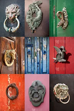 马耳他,门环,门,马耳他群岛,中心装饰品,门把手,红色背景,蒙太奇,绿色背景,焦点
