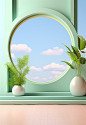 a green room with a plant, 3d rendered in front of a window, in the style of rococo pastel colors, colorful and playful, rounded, clear edge definition, playful arrangements, realistic blue skies, mirror