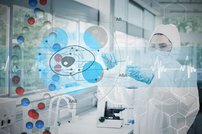 身穿防护服的科学家与细胞图界面对抗dna...