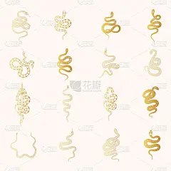手画黄金深奥蛇集。神秘怪异的元素。为t恤，织物，纹身，卡片和封面的设计的黄金精神矢量插图。