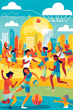 AI数字艺术扁平风校园运动会人物插画