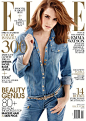 Emma Watson rocks a denim Balman jumpsuit on the  April 2014 cover of Elle magazine.