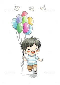 夏日牵着彩色气球小男孩儿童手绘插画高清模板免费下载-趣麦麦图