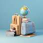 realistic 3d models of Podium, Books, back bag, back to school, isolated background