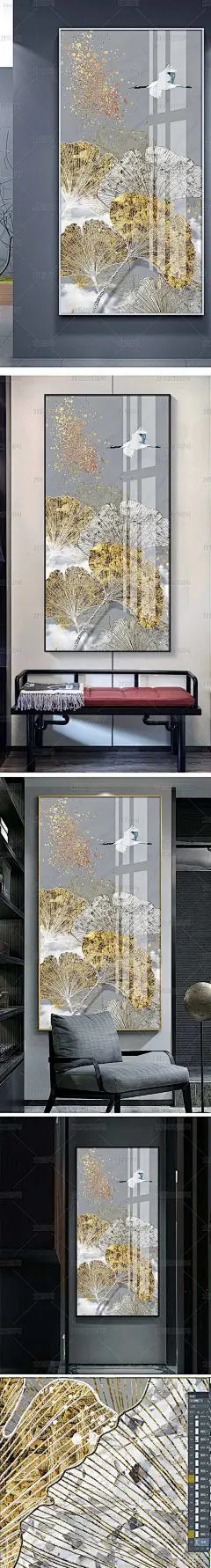 手绘现代简约银杏叶轻奢玄关背景墙装饰画玄关画