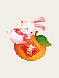 红色春节兔子抱大橘子吉祥如意兔年新年元素