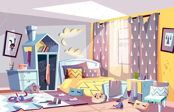 孩子的卧室在混乱卡通矢量插图,杂项矢量Kids Bedroom in Mess Cartoon Vector Illustration ...