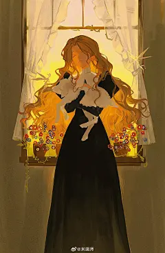 黄昏 窗台 盆栽 暖色氛围 祷告 闭眼 抱小羊羔