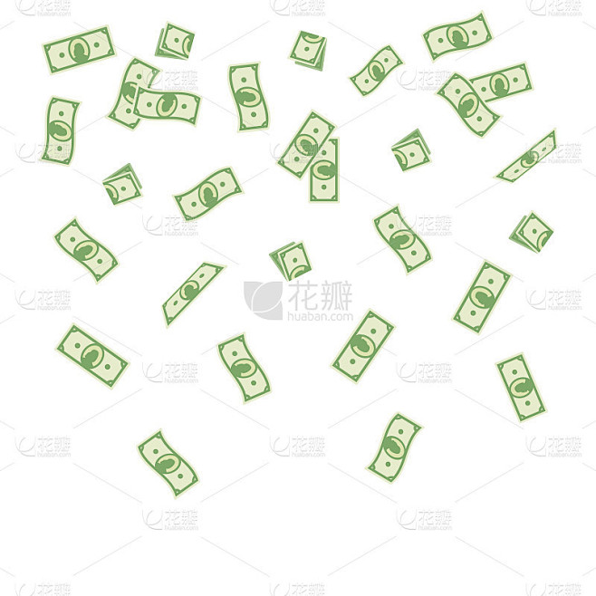 矢量插图卡通纸币落在白色的背景。钞票飞钱。