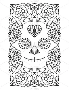 微笑骷髅脸和鲜花周围手绘彩色页面矢量插图