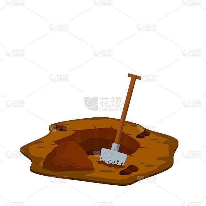 挖一个洞。铁锹和干燥的棕色泥土。坟墓和挖掘。卡通平面插图在白色的背景。葬礼在沙漠。土石堆