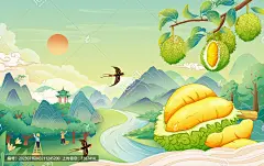 国风摘榴莲果子园林手绘插画
