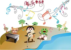 本副插画是以海边为场景，“海”不仅是一种色彩，还有一种精神、自由的感觉。蜜蜂、青蛙、松鼠是自然产物，是人类的好朋友。插画给人一种欢快的、自然的氛围，让人放松心情，敞开心扉。