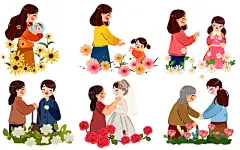 卡通手绘母亲节母亲的一生原创插画素材