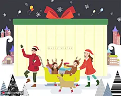 欢度圣诞 家人共庆 麋鹿宝宝 雪橇 礼物  人物插图插画设计AI ti087a22602 人物插画 温馨家庭