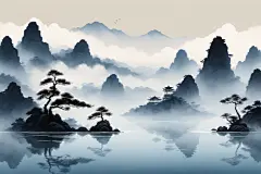 山水写意中国风水墨山水画装饰插画