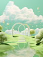 a cloud is near a stream and water, in the style of light green and light aquamarine, surrealist-inspired elements, whimsical settings, minimalist stage designs, rendered in cinema4d, pastoral nostalgia, psychedelic tableaux