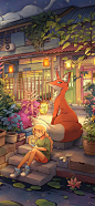 卡通 线条 狐狸 小女孩 植物 插画