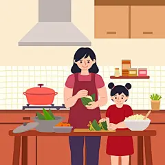手绘家庭端午节包粽子矢量图设计素材