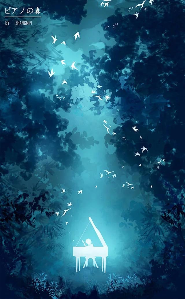 手绘 手机壁纸 夜晚 弹钢琴的小男孩