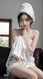 1girl, wrapped in a white towel and wrapped in a white towel on her head, sat on the sofa,