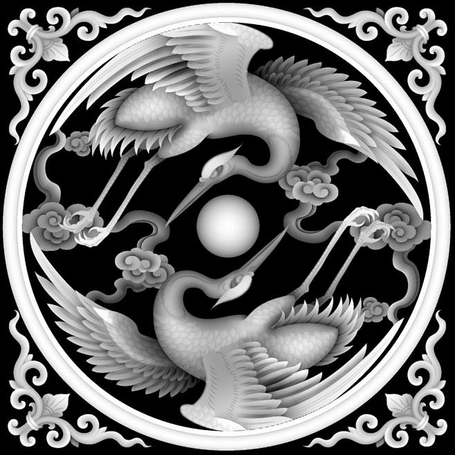 灰度图石雕鹤圆角花