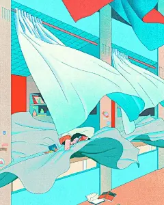 #插画#  jeeeoook插画作品总是很独特，他红色和蓝色的使用很有意思，描绘的故事也十分奇异诡谲 ​​​​