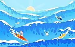 夏天冲浪插画手绘大海海洋背景夏季夏日玩水海浪立夏夏至