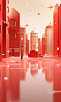 3d holiday illustrative christmas ad, 3d christmas graphics, in the style of minimalist color field, depictions of urban life, moshe safdie, light red and gold, raw materials, rinpa school, virtual and augmented reality