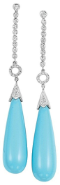 Pair of White Gold, Diamond and Turquoise Pendant-Earrings  18 kt., 2 drop-shaped turquoises ap. 29.0 x 9.0 mm.