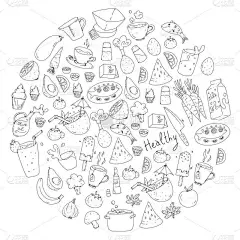 模式与健康的食物。烹饪课, 餐厅, 咖啡厅的菜单元素。牛奶, 冰淇淋, 鱼, 果汁, 鳄梨, 火鸡,