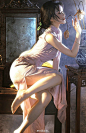 其中可能包括：a woman sitting on top of a table next to a mirror and holding an object